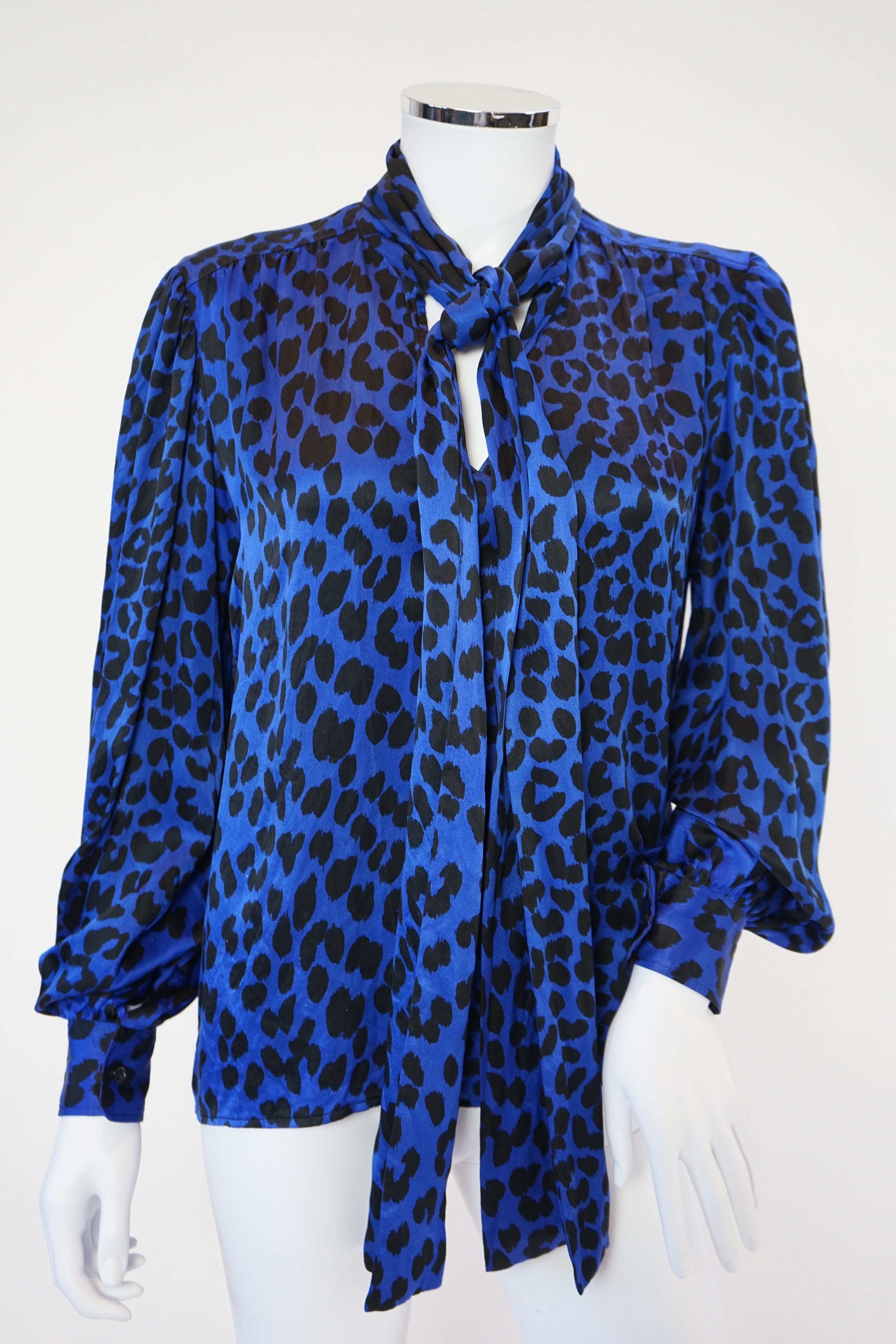 A vintage Saint Laurent royal blue and black leopard print silk blouse, IT40